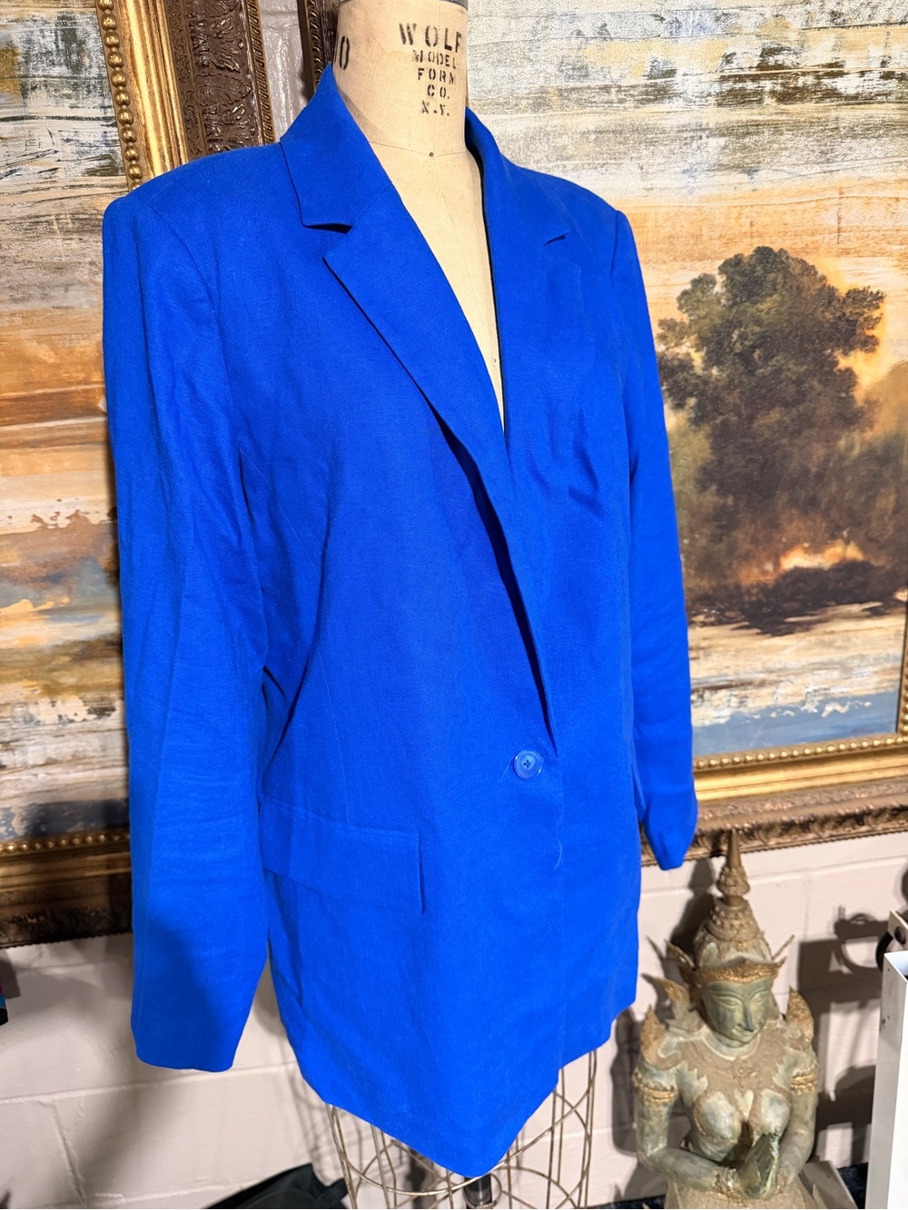 Nine West Electric Blue Linen Single-Button Blazer